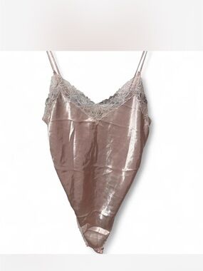 1980s VICTORIA SECRET Lace-Trim Satin Slip Bodysuit - Blush Pink